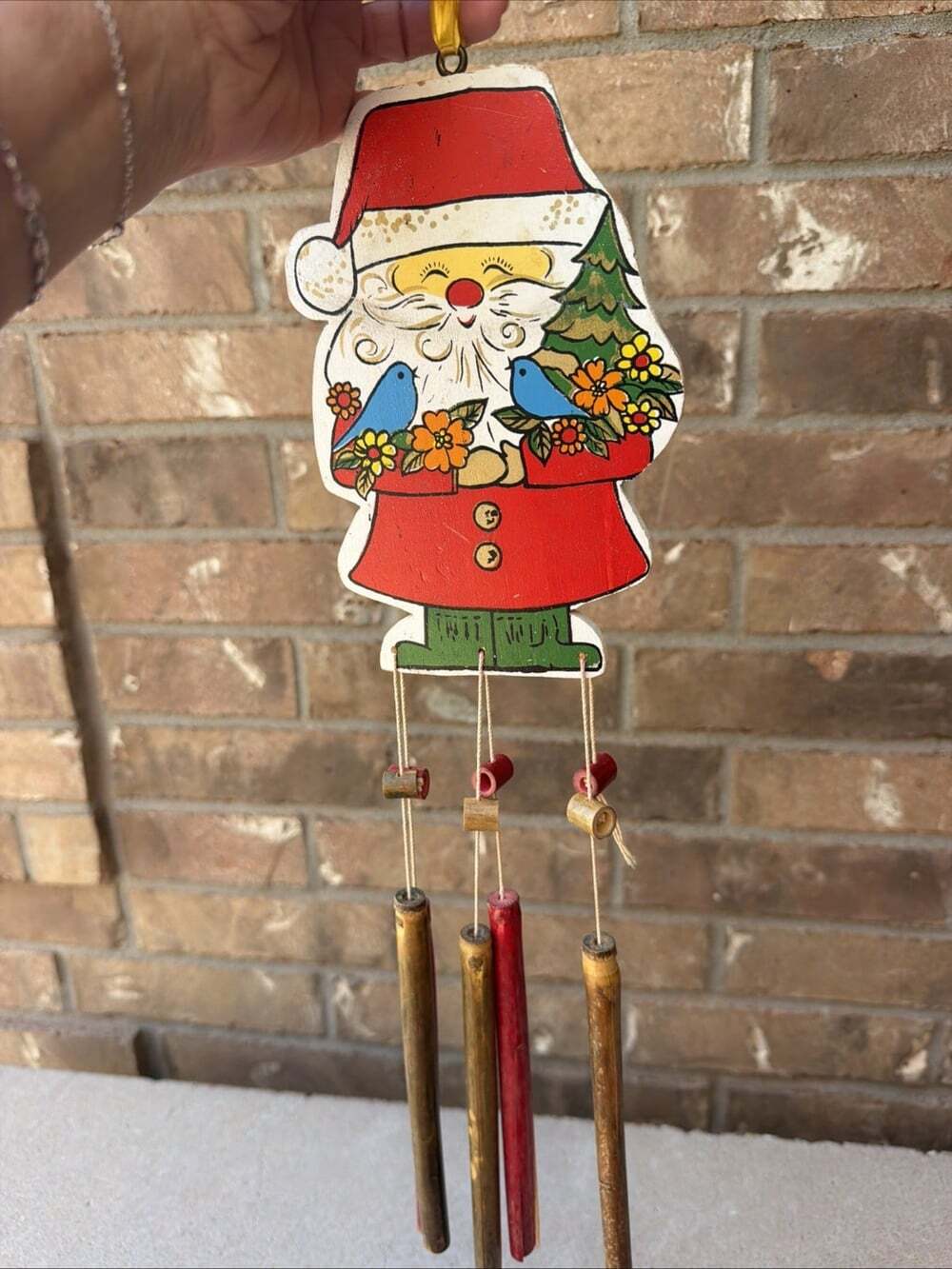 Vintage Wooden Santa Folk Art Wind-chime Painted Christmas Decor Holiday Decor